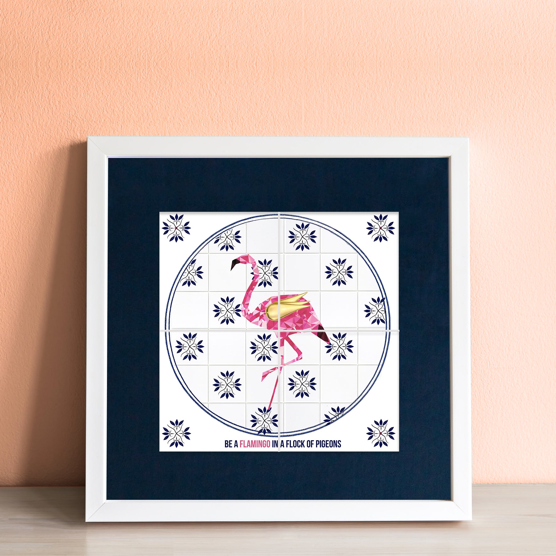Flamingo in a Flock of Pigeons 4-Tile Mosaic